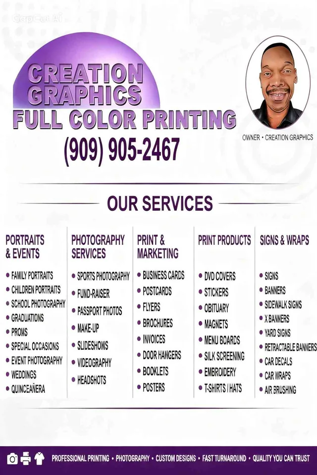 Creation Graphics full color printing flyer listing services in five groups: portraits and events, photography, print and marketing, print products, and signs and wraps